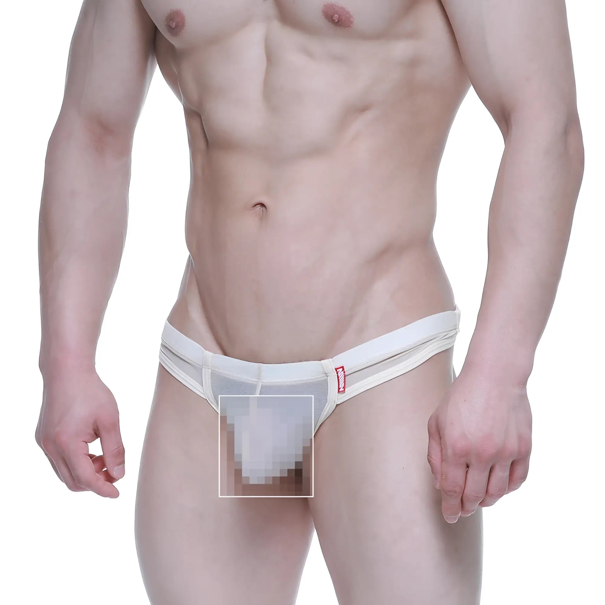 White sheer mesh briefs with a red metro male wear brand tag on the waistband from super lowrise thong nude 6109-02