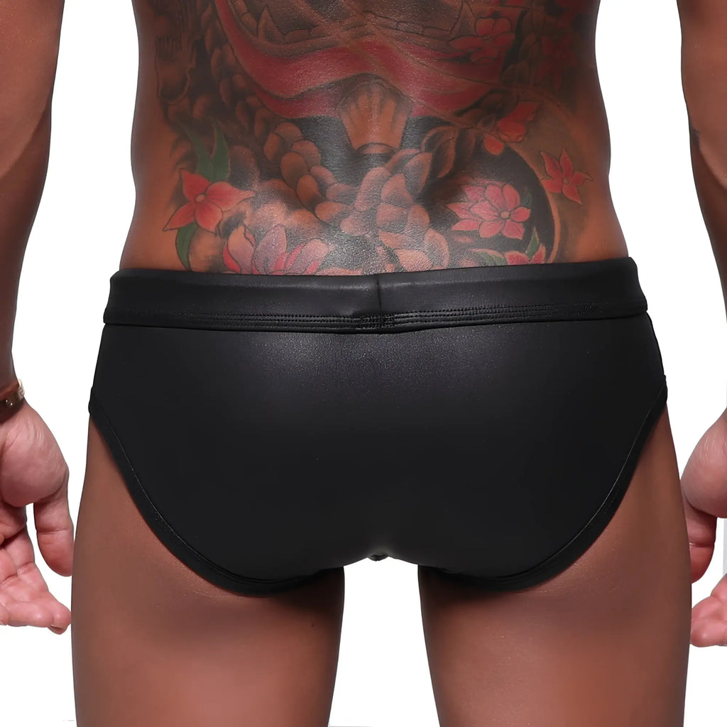 Black leather-like swim trunks with a smooth glossy finish and snug fit from MetroMaleWear super M brief 4916-SP10