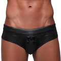 Black shiny faux leather swim trunks with bold m logo buckle front MetroMaleWear Super M Swim Brief 4916-SP10