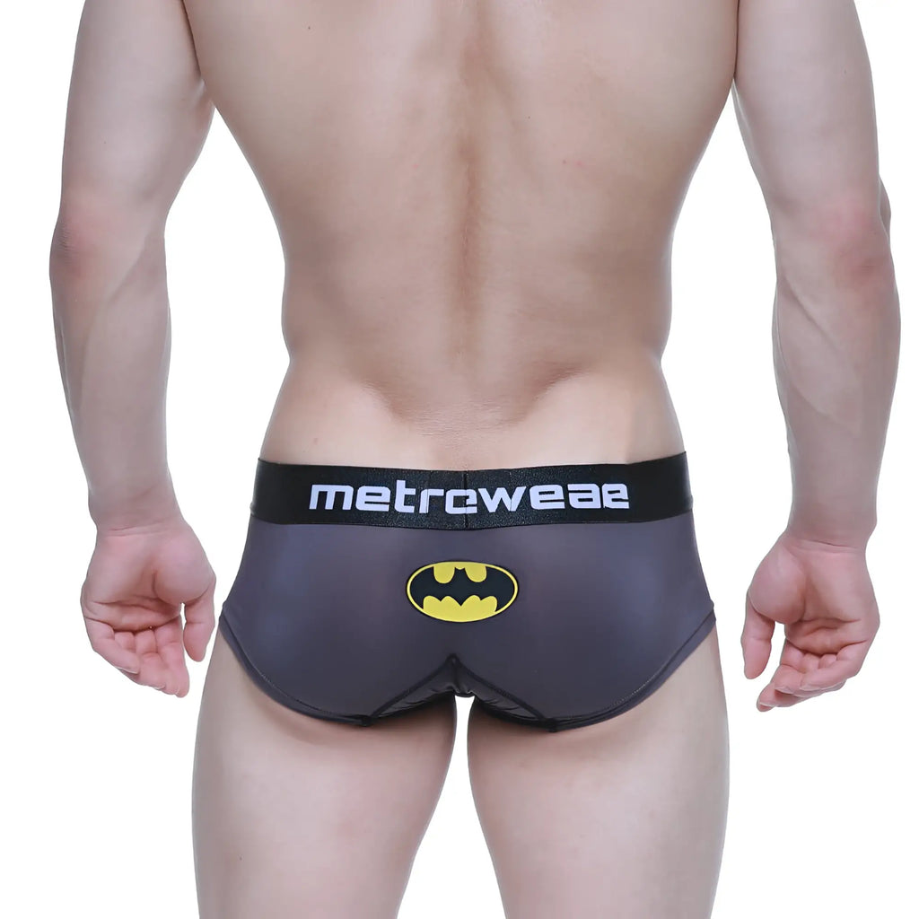 Black batman-themed metro male wear briefs with yellow bat emblem and metroweave waistband for comfortable wear