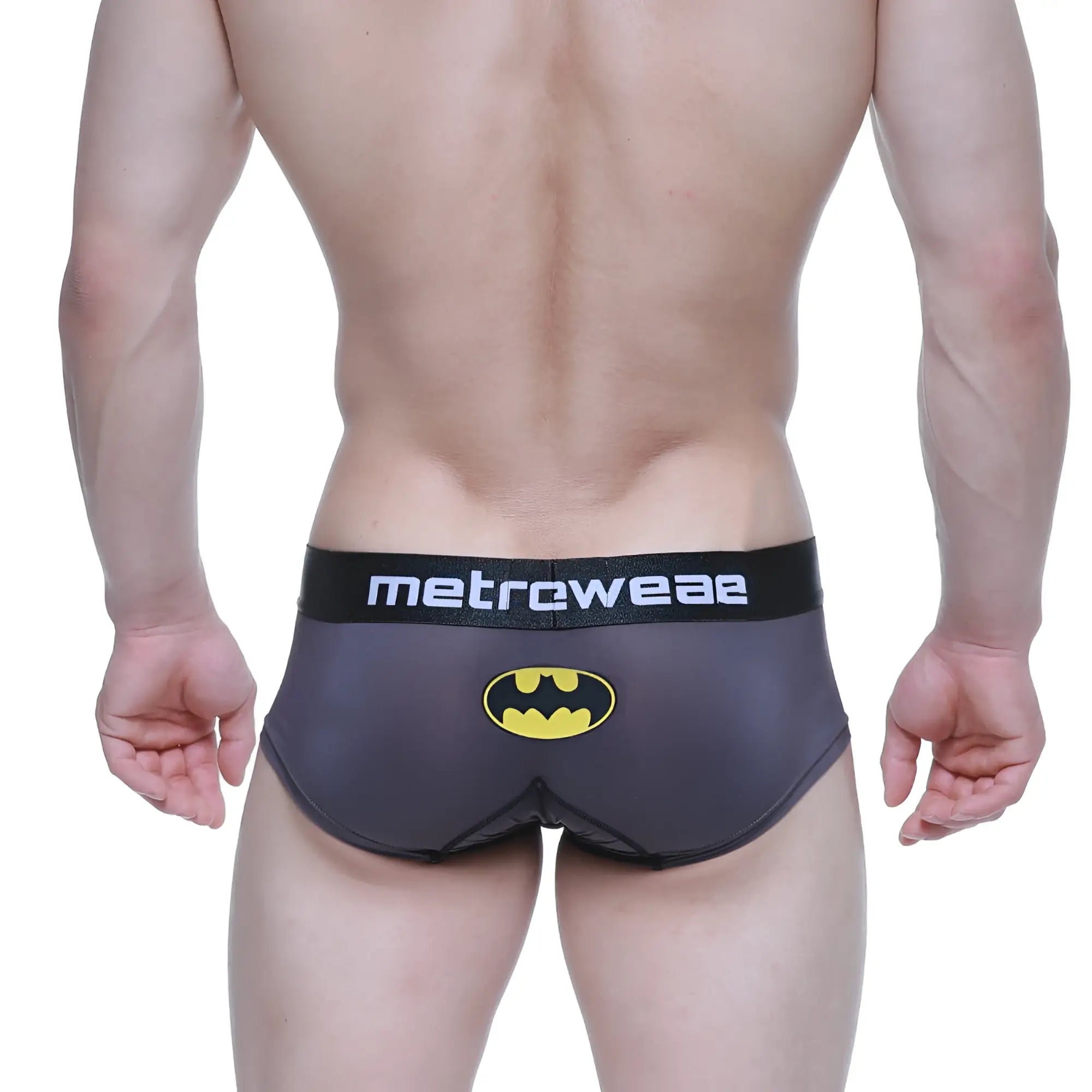 Black batman-themed metro male wear briefs with yellow bat emblem and metroweave waistband for comfortable wear