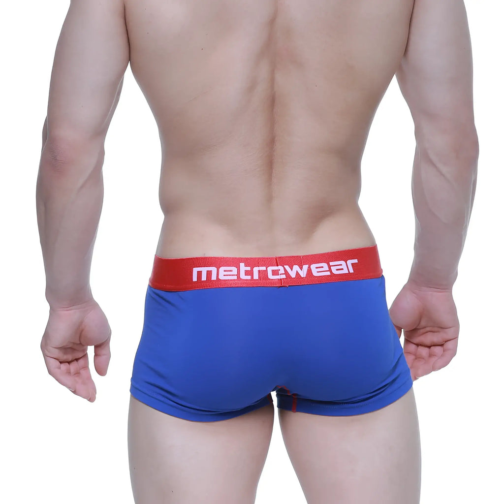 Blue metro malewear boxer briefs with a red waistband featuring white lettering in metro malewear superman trunk 6123-18