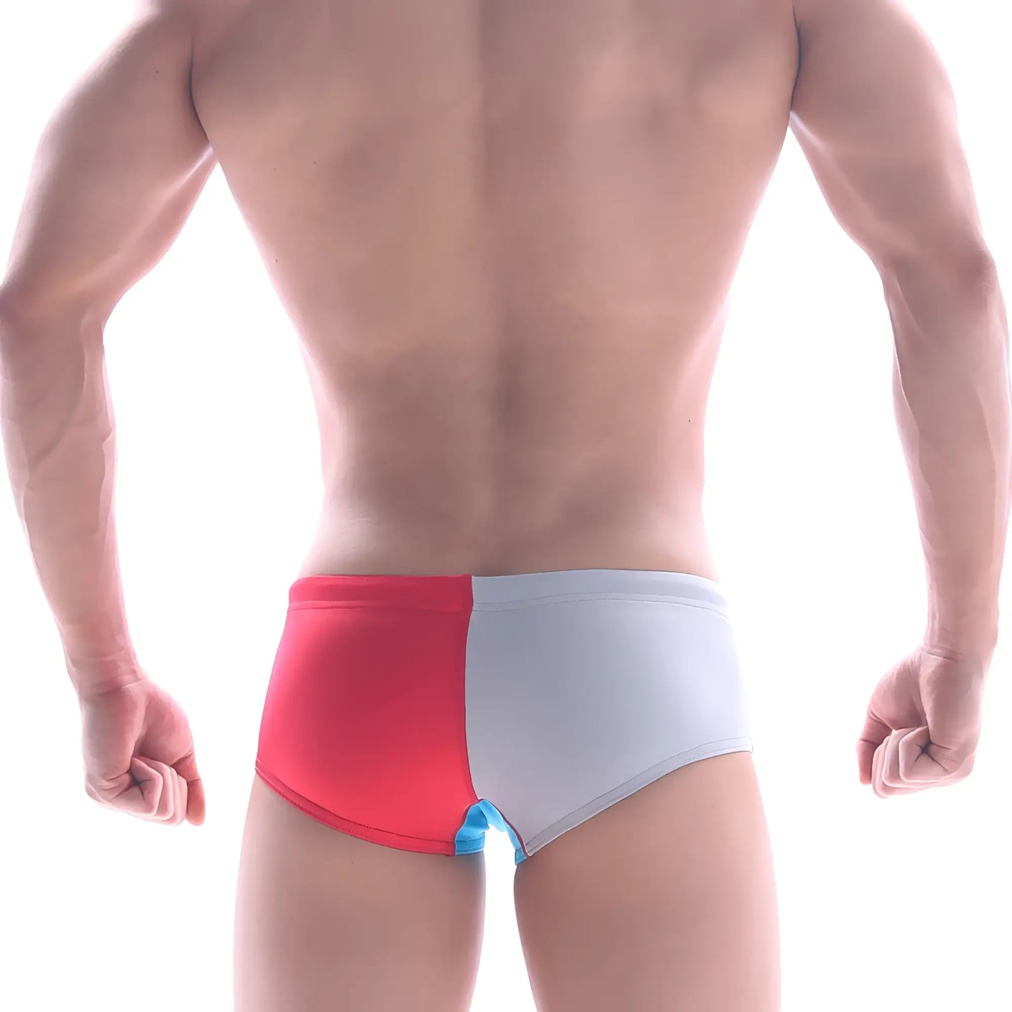 Back view of red and white two tone metroMalewear surf swim boxer 4908-12 with small blue accent