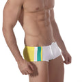 MetroMalewear surf swim boxer yellow 4908-15 featuring white trunks with bold yellow and teal vertical stripes
