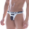MetroMaleWear Surpress thong white and black with bold geometric waistband pattern shown from the back side