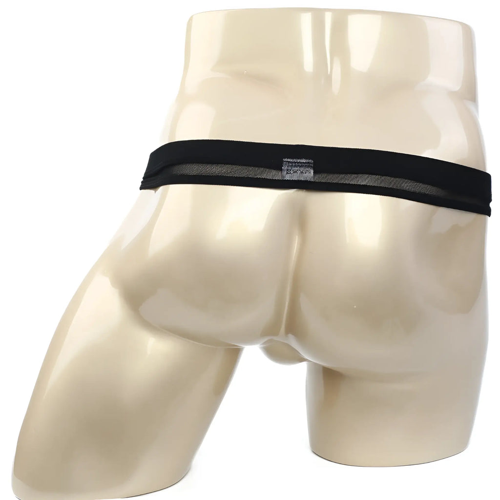 Black mesh briefs with solid black elastic waistband from metromalewear suspensory 0003-70 front view