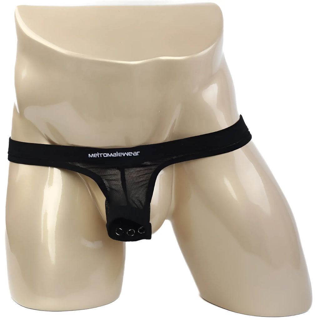 Black mesh thong with solid black waistband branded metromalewear in white lettering metroMaleWear suspensory 0003-70