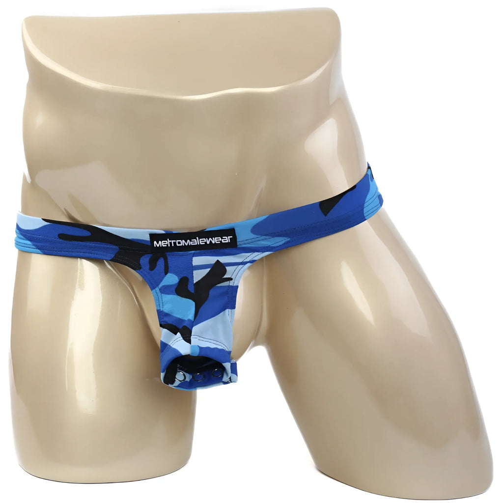 Blue and black camouflage men’s thong by MetroMaleWear featuring suspensory design for comfortable support