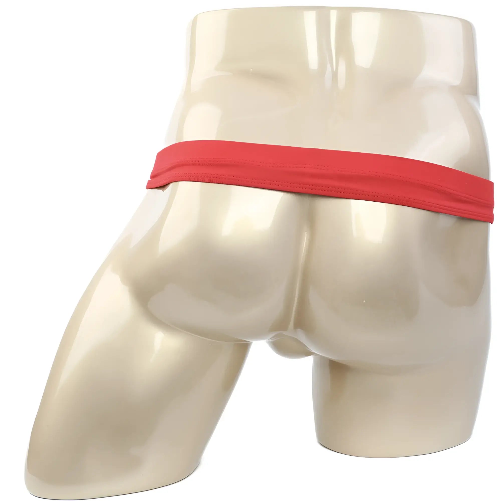 MetroMaleWear suspensory red elastic waistband briefs on mannequin showcasing comfortable fit and vibrant color