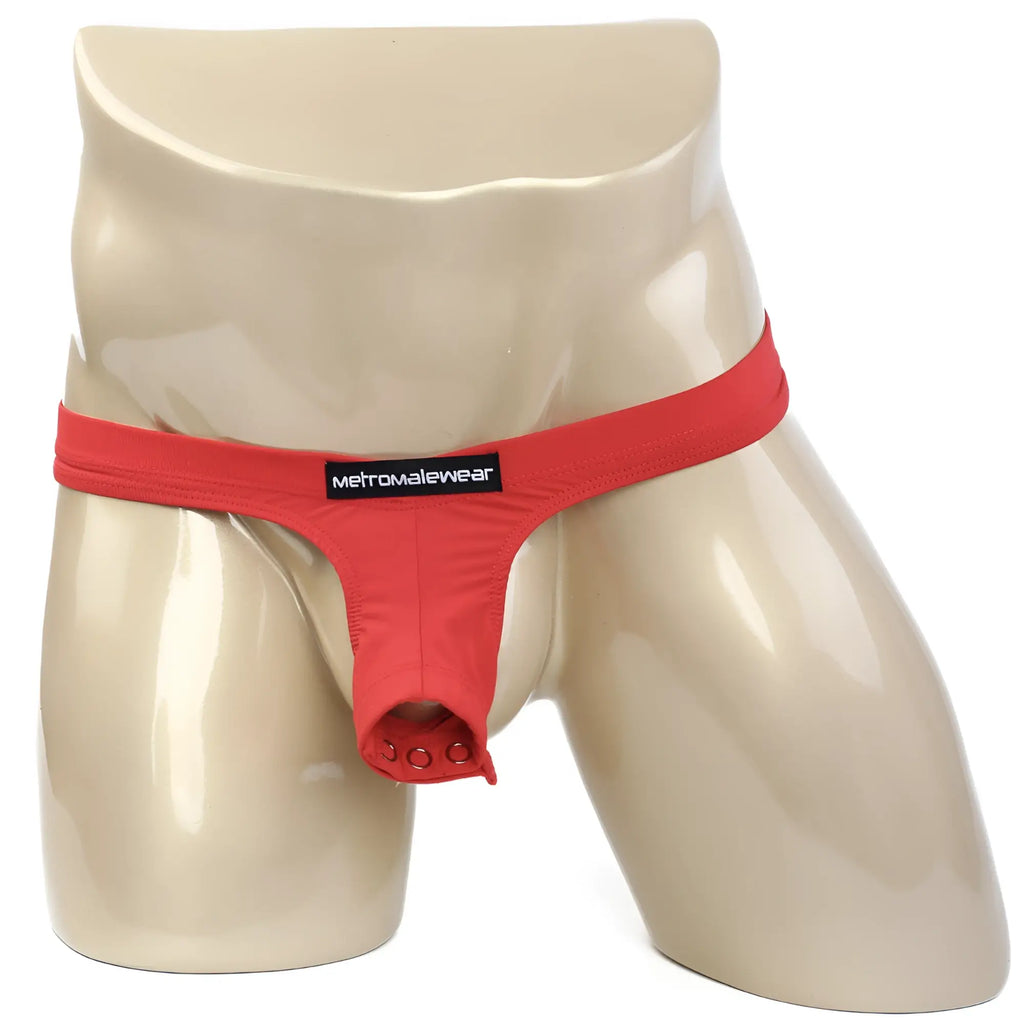 MetroMaleWear suspensory red thong made of stretchy fabric with front button closure for comfortable wear