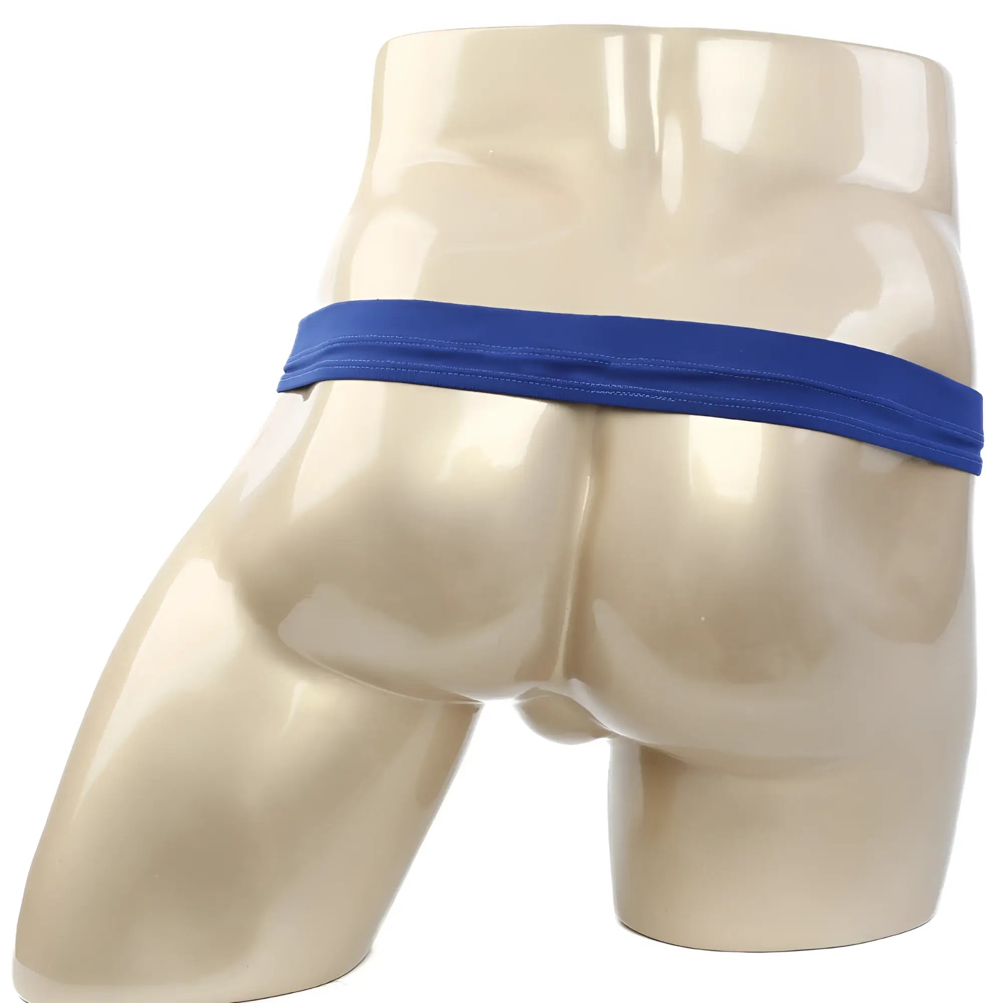 MetroMaleWear suspensory royal blue briefs with blue elastic waistband displayed on a mannequin front side