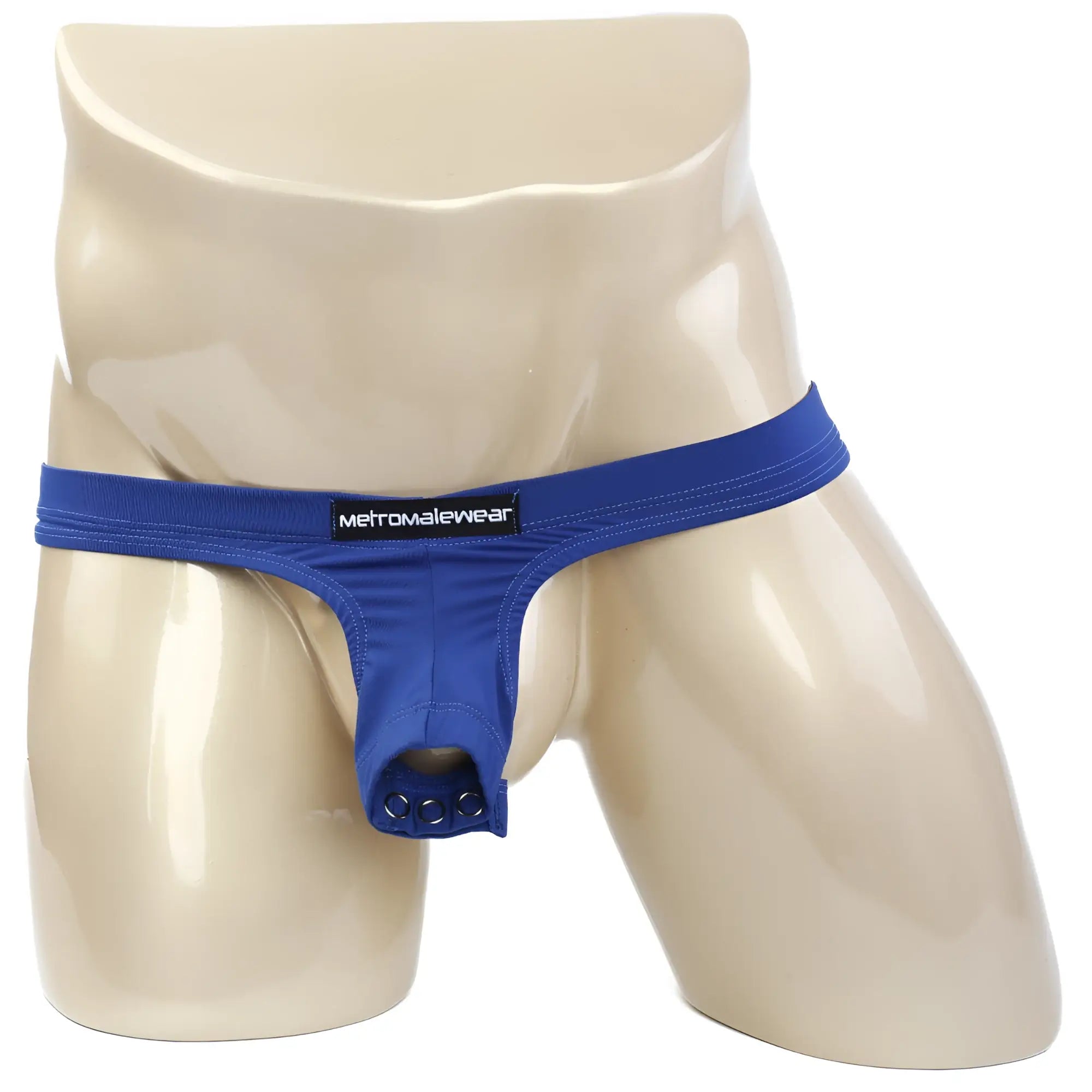 Blue metromalewear thong with button closure at front in royal blue for stylish and secure fit