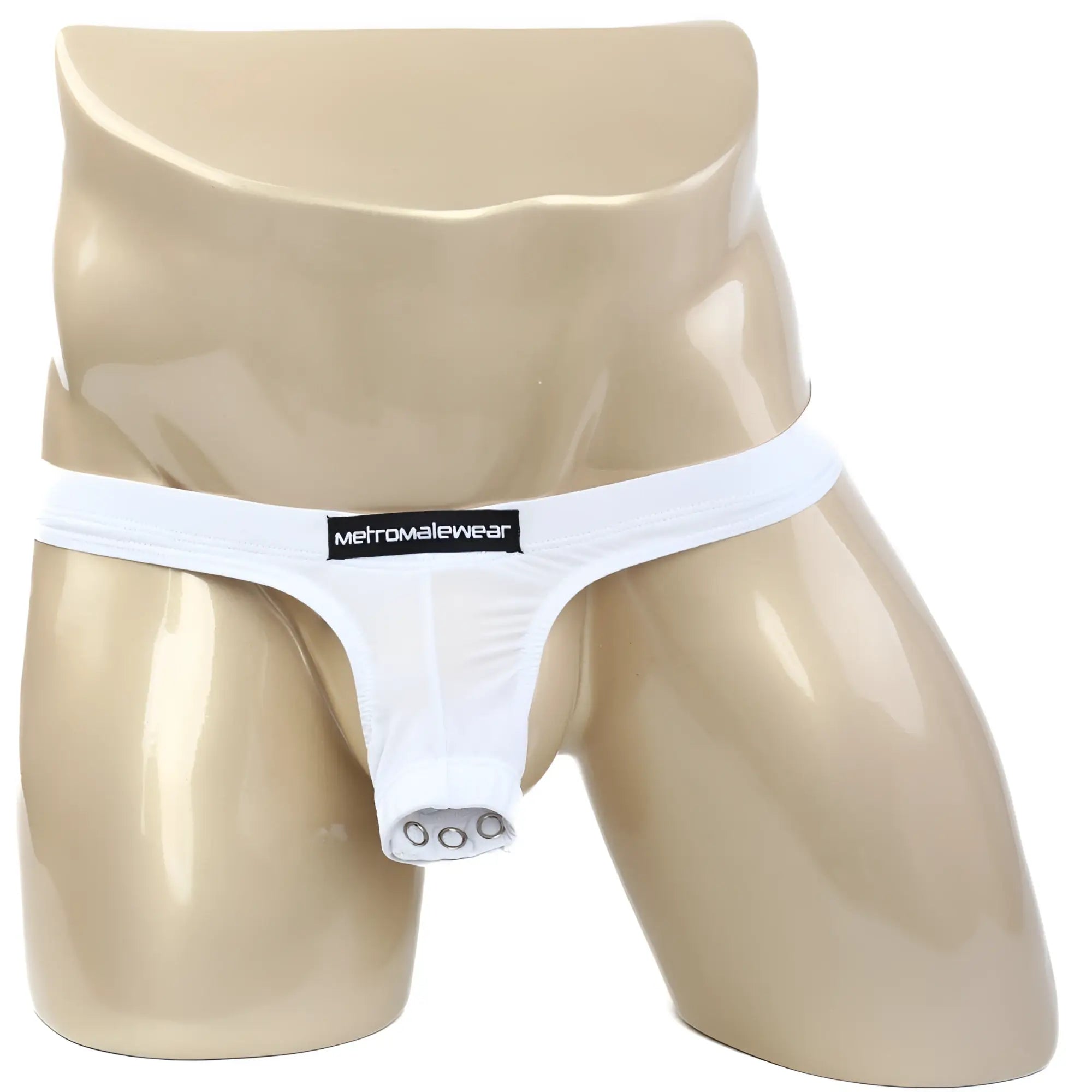 White metromalewear thong with black brand label and three silver grommets at the leg opening front view