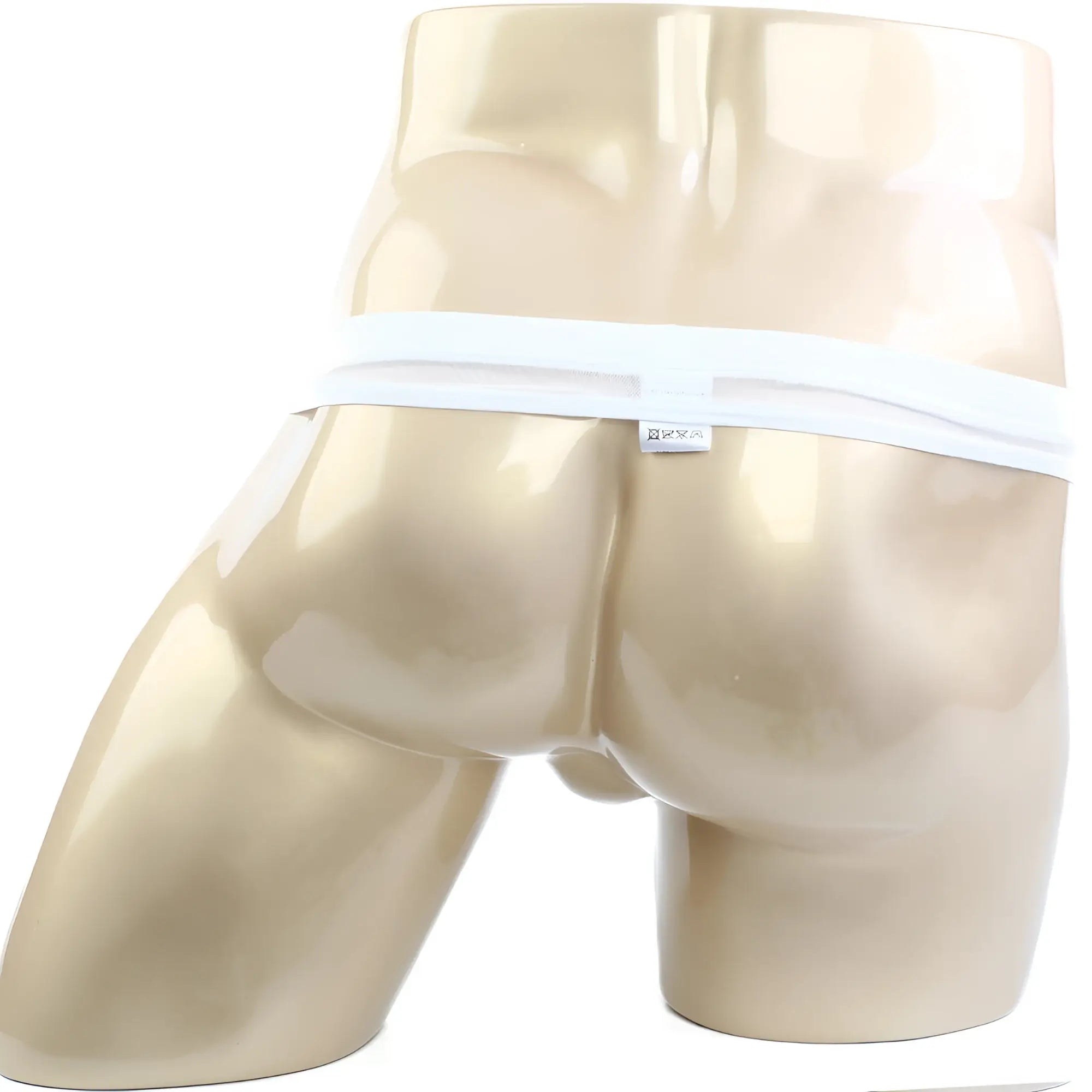 White elastic waistband briefs by metromalewear made of breathable white mesh fabric displayed on a mannequin