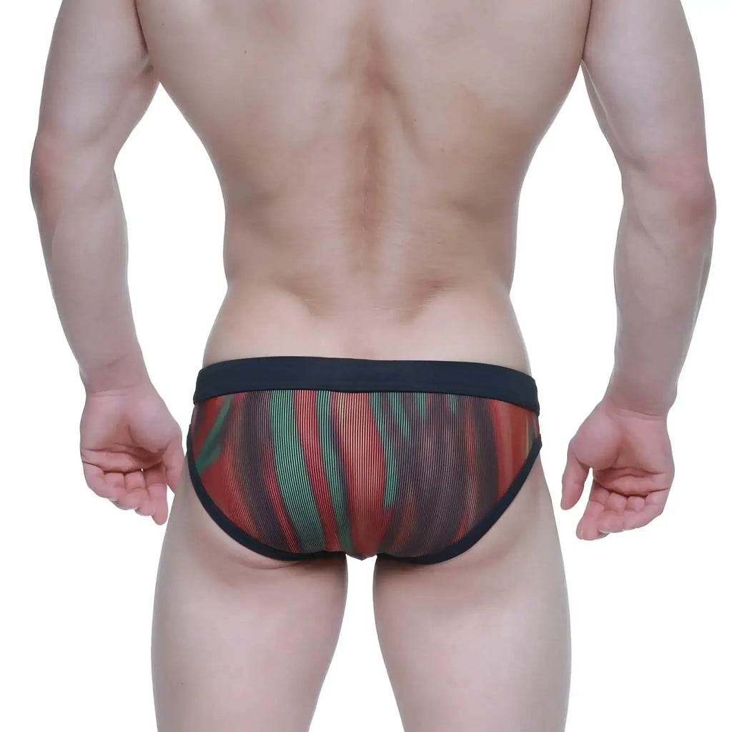 Red and green striped mesh briefs with black elastic waistband metro malewear swim bikini fire 4920-70