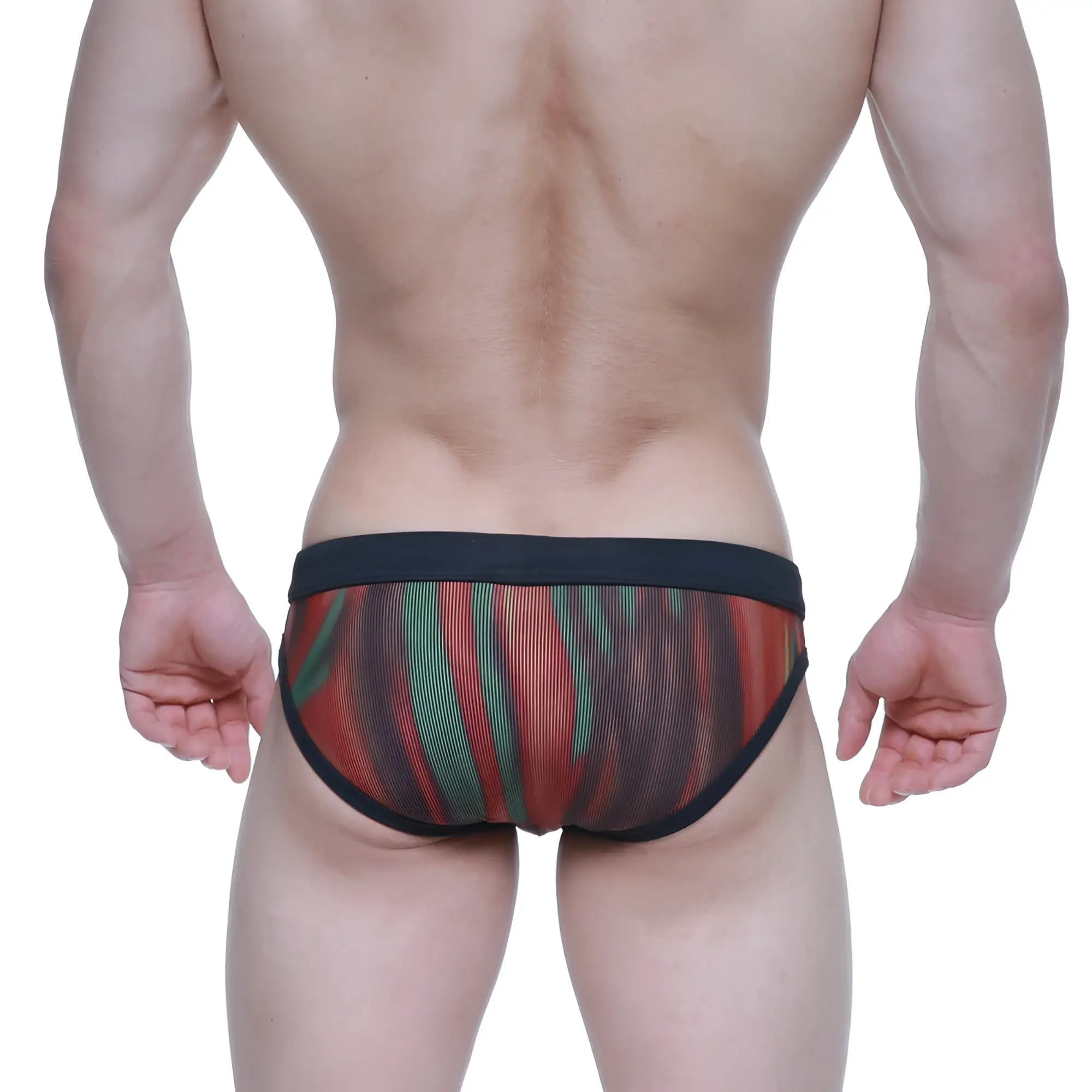 Red and green striped mesh briefs with black elastic waistband metro malewear swim bikini fire 4920-70