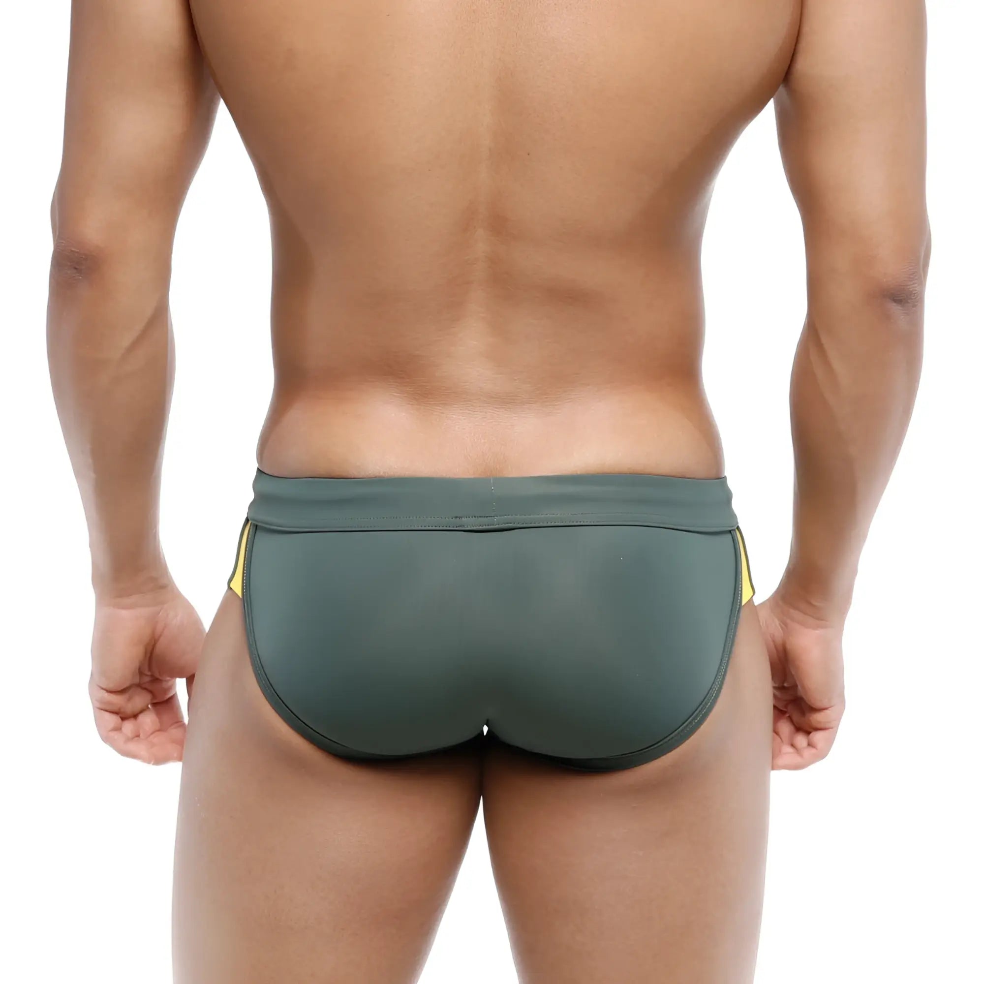 Dark green MetroMaleWear swim brief with yellow side stripes designed for comfortable campus swimwear use