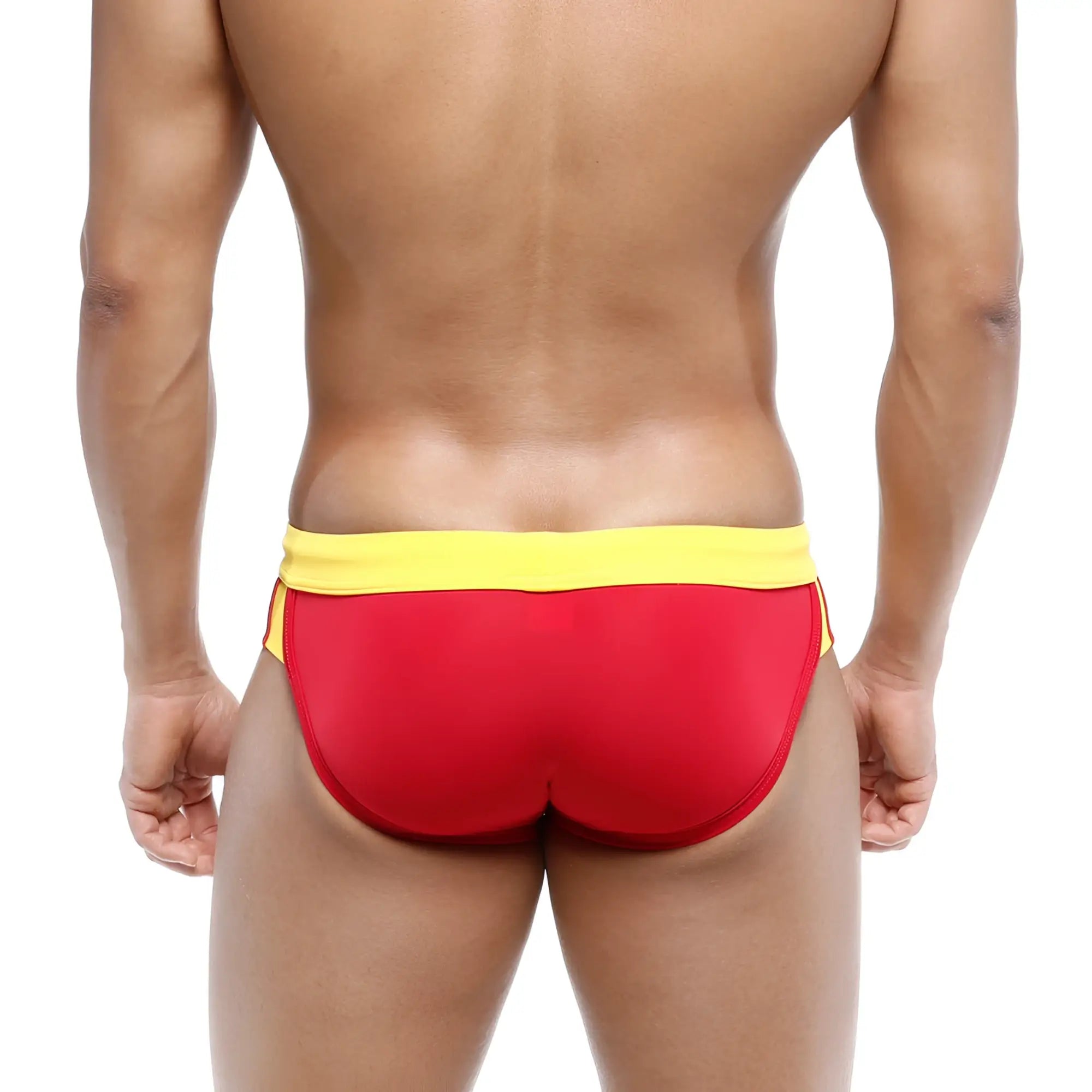 MetroMaleWear swim brief Espana 4923-41 tight fit red and yellow swim trunks designed for comfortable swimwear use