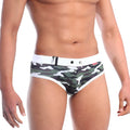 MetroMaleWear swim brief green camo with green and white camouflage pattern and white waistband with silver hardware
