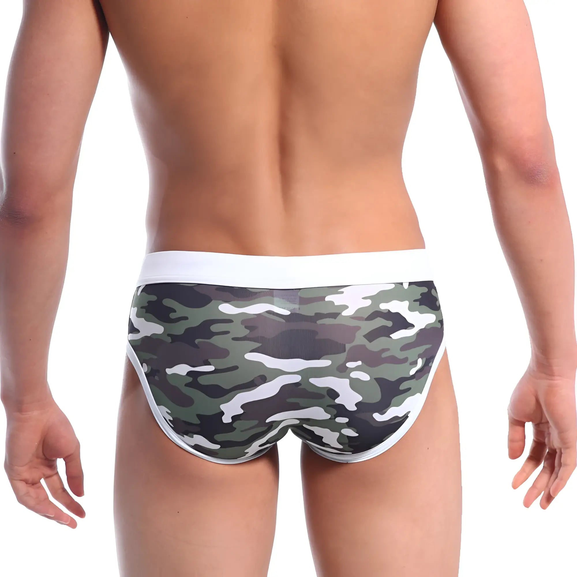 MetroMaleWear swim brief green camo with green and white camouflage pattern and solid white waistband
