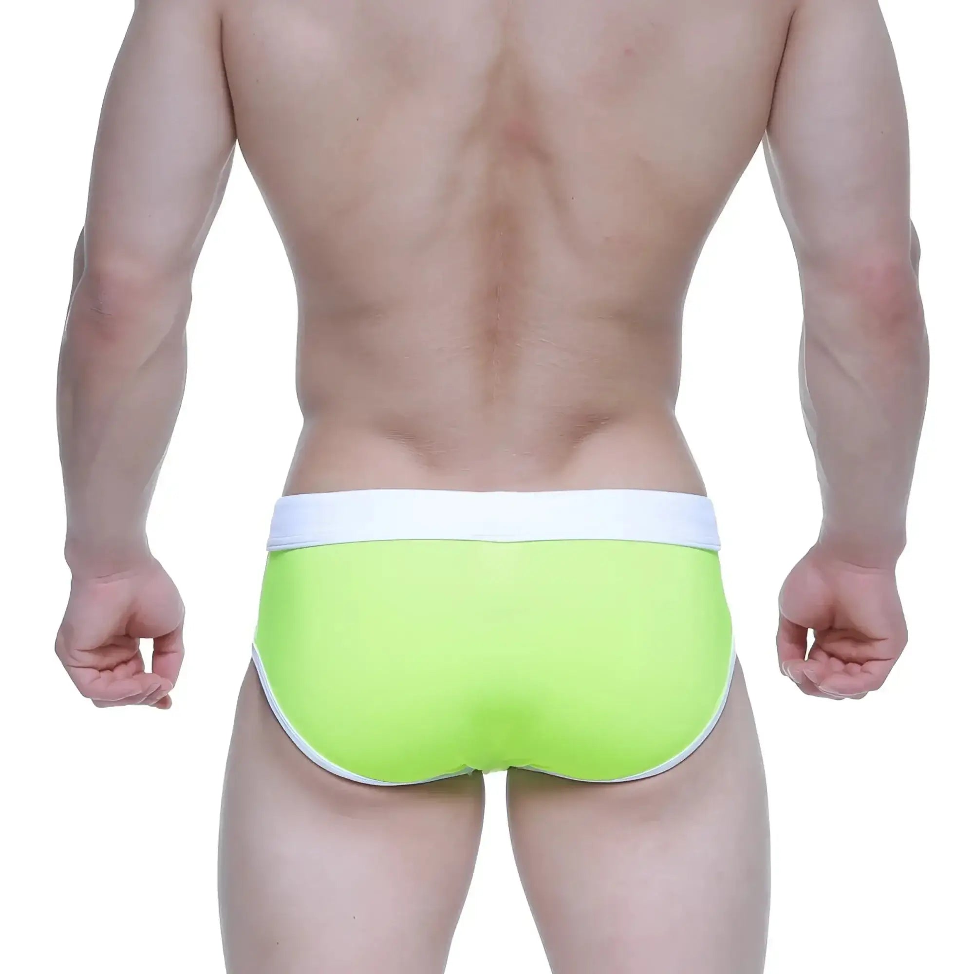 Bright lime green MetroMaleWear swim briefs with white waistband and trim perfect for swimming and beachwear