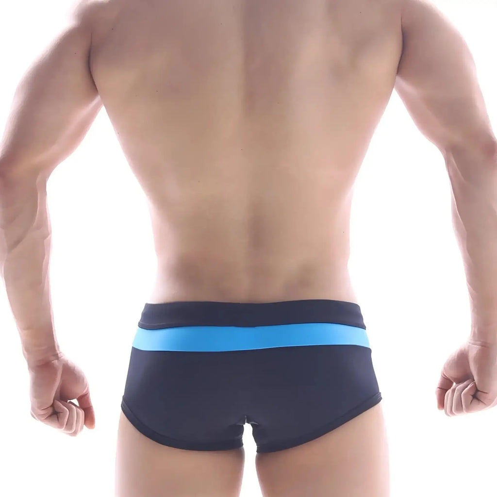 Black swim trunks with a bright blue horizontal stripe on the waistband from MetroMaleWear Swim Trunk Sky 4913-45