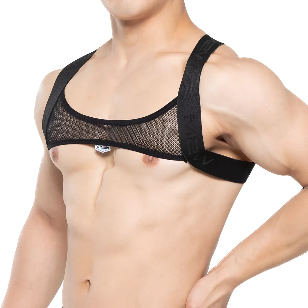 Black mesh sports bra with adjustable straps and branded tag from metromalewear tank top harness black 1500-20