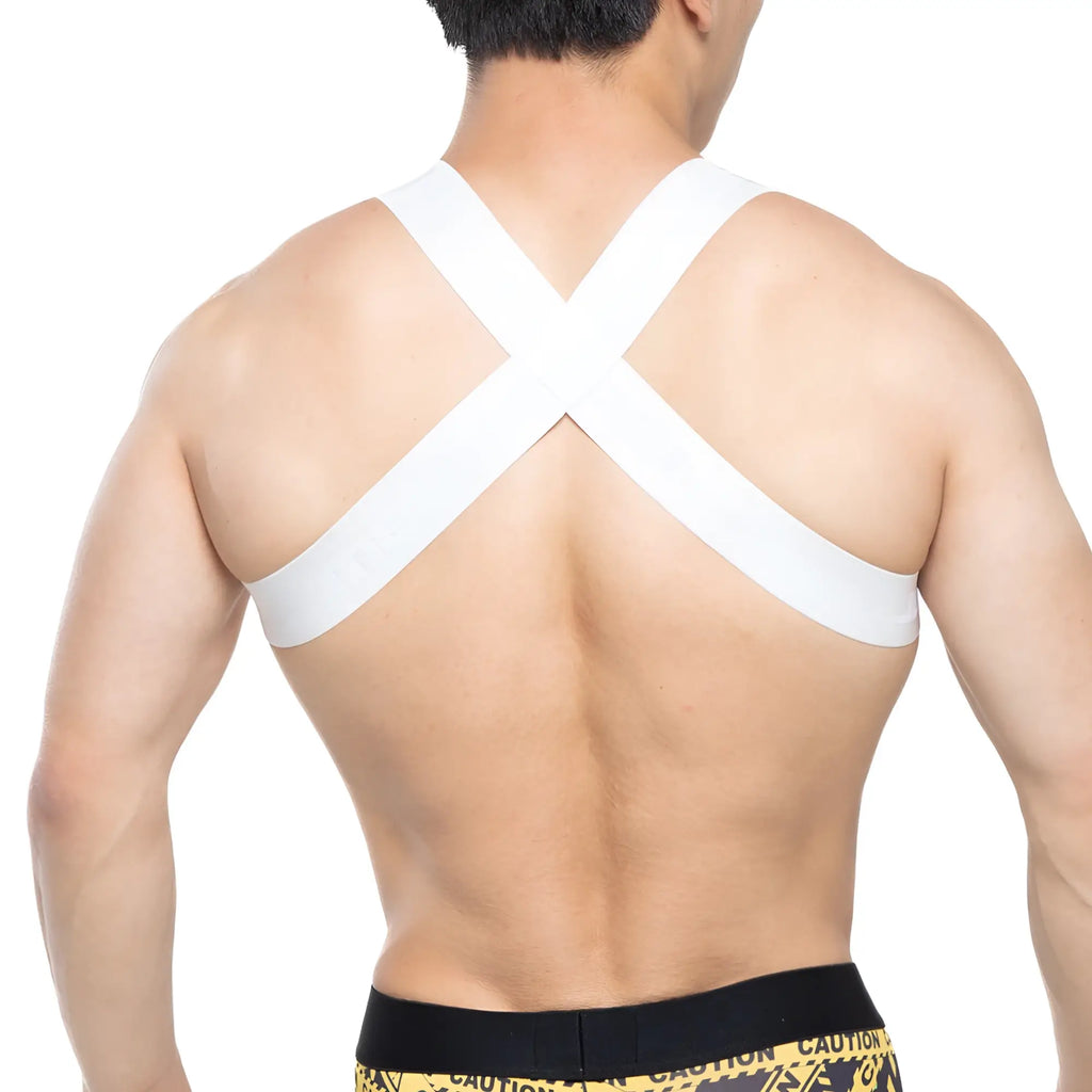 Back view of MetroMaleWear tank top harness white with cross-back support strap over the shoulders
