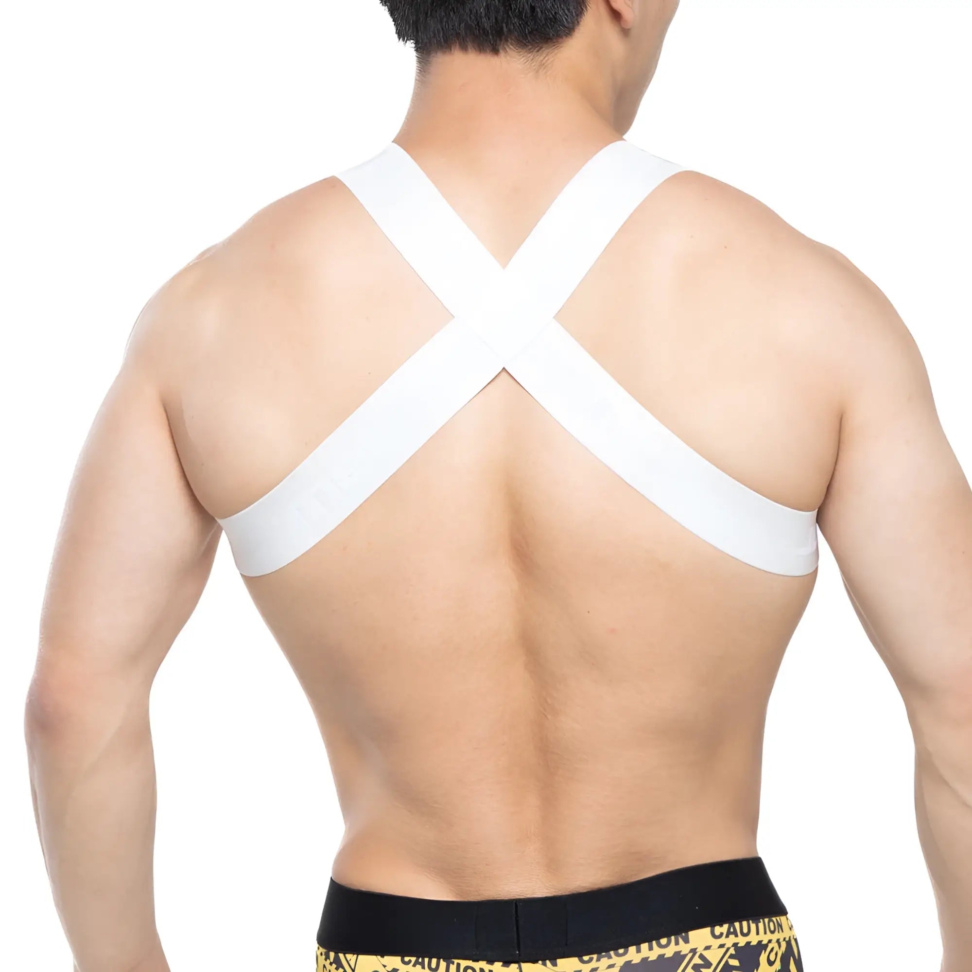 Back view of MetroMaleWear tank top harness white with cross-back support strap over the shoulders