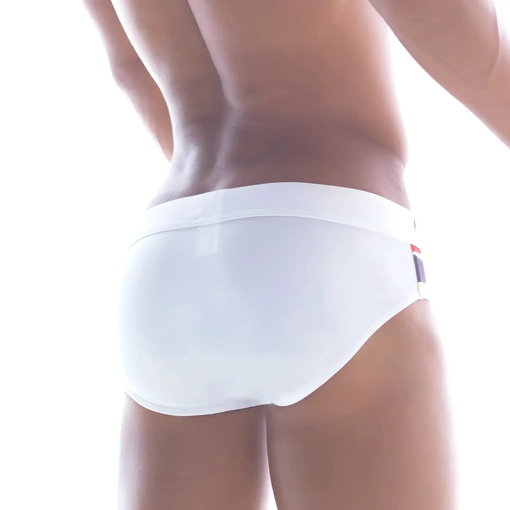 White metro malewear tarragona swim briefs with smooth form-fitting design and colorful side logo