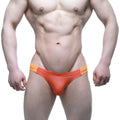 Orange and yellow mew brand MetroMaleWear Tasman Thong briefs with sleek form-fitting design in front view