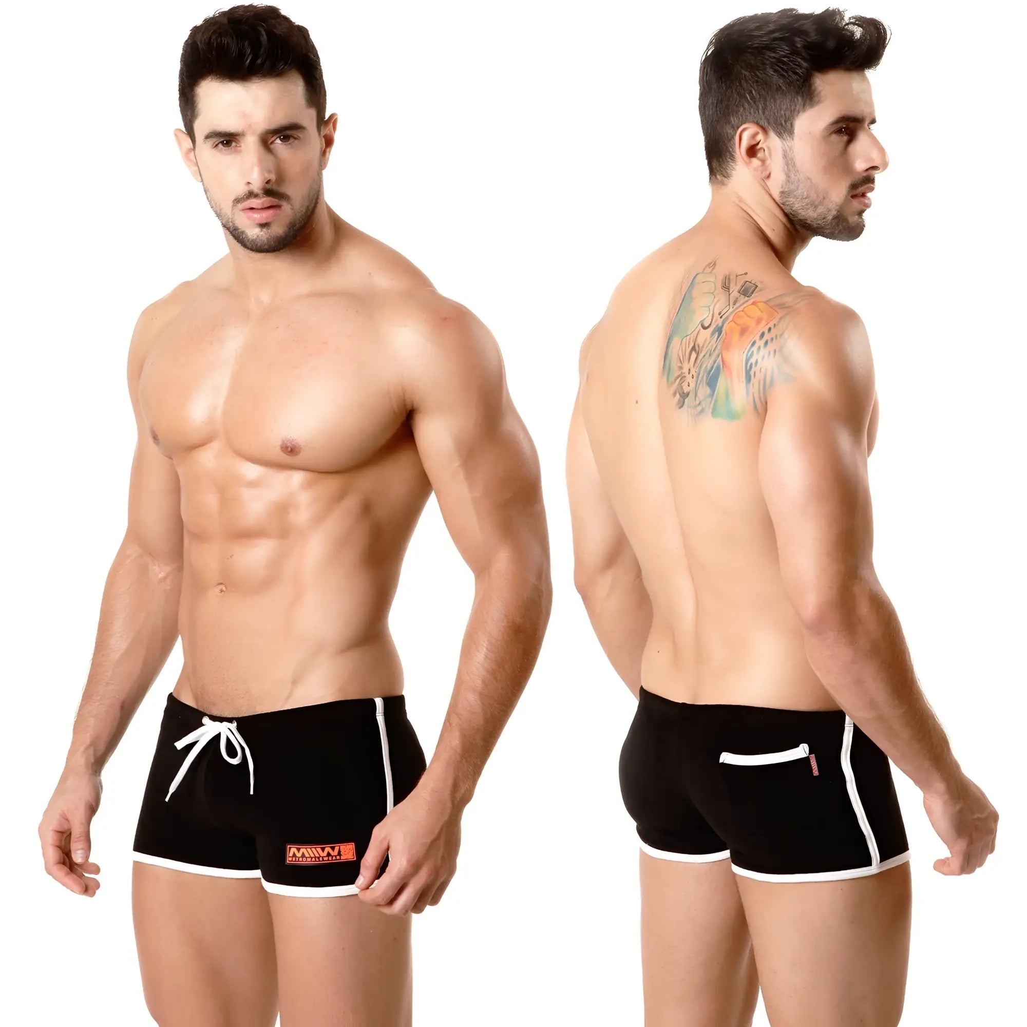 MetroMaleWear terry short black swim trunks with white trim and drawstring waistband for comfortable wear