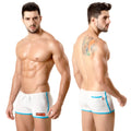 White athletic terry shorts by Metromalewear with bright blue trim and small orange logo on the side