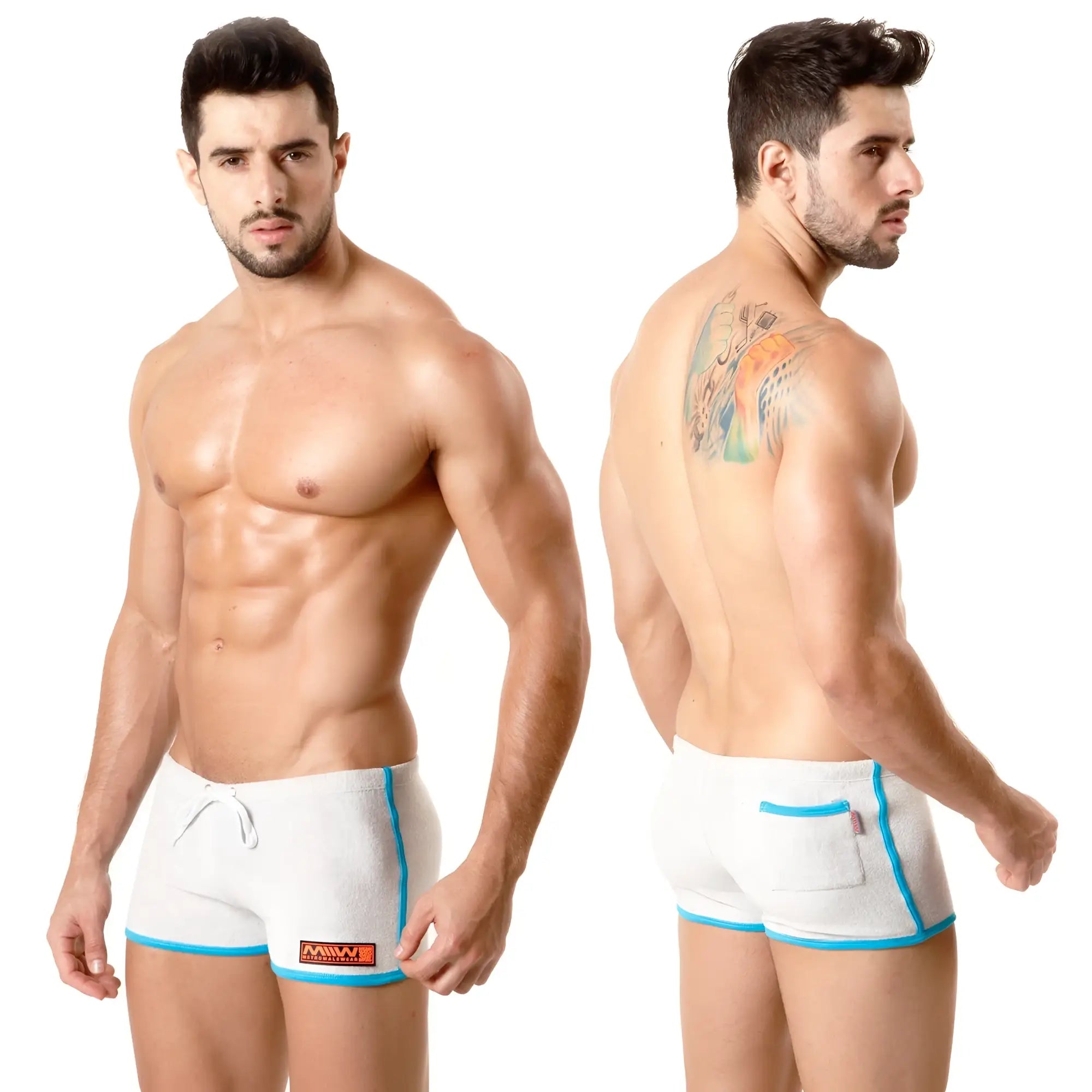 White athletic terry shorts by Metromalewear with bright blue trim and small orange logo on the side
