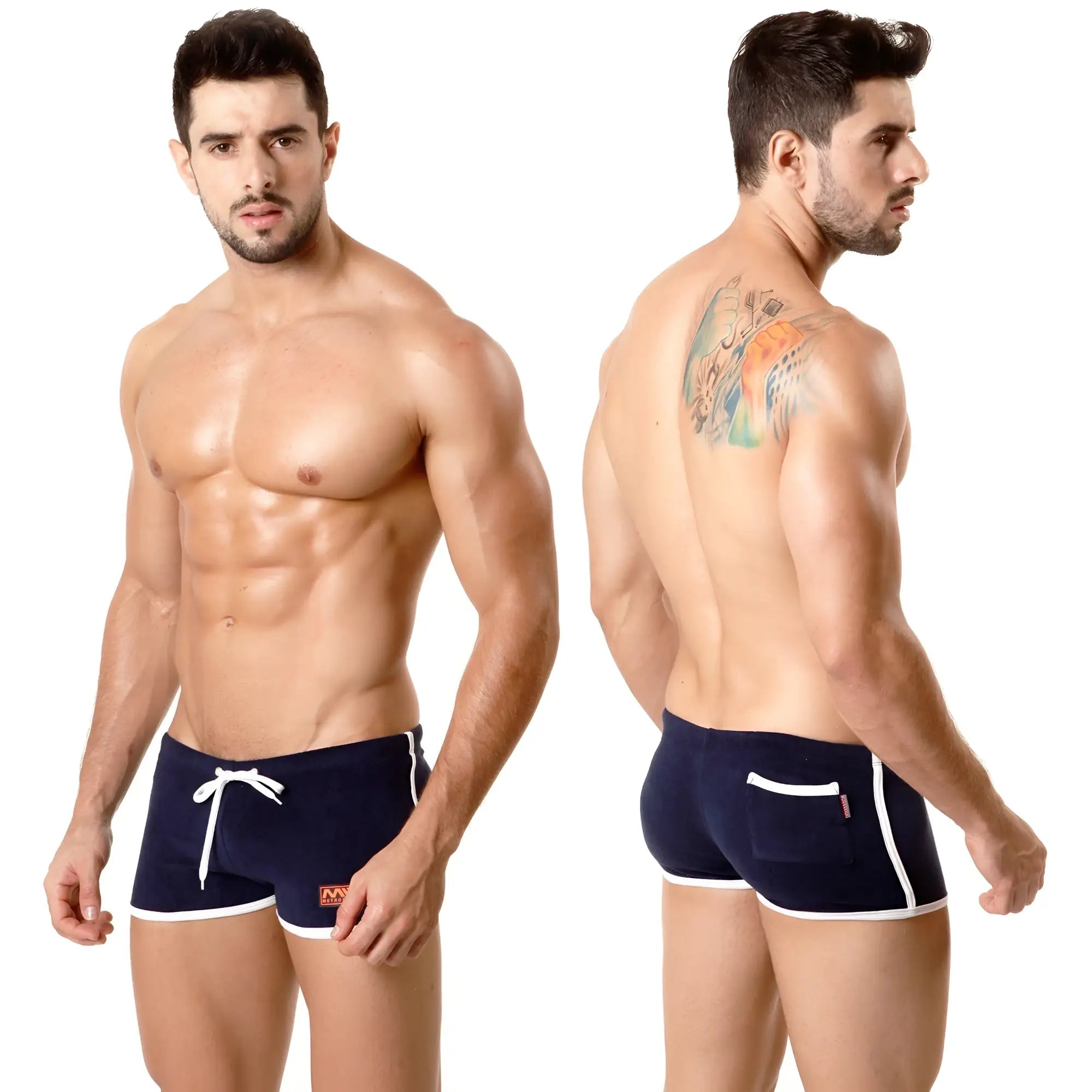 Navy blue MetroMaleWear terry swim trunks with white trim and front pocket ideal for casual beachwear