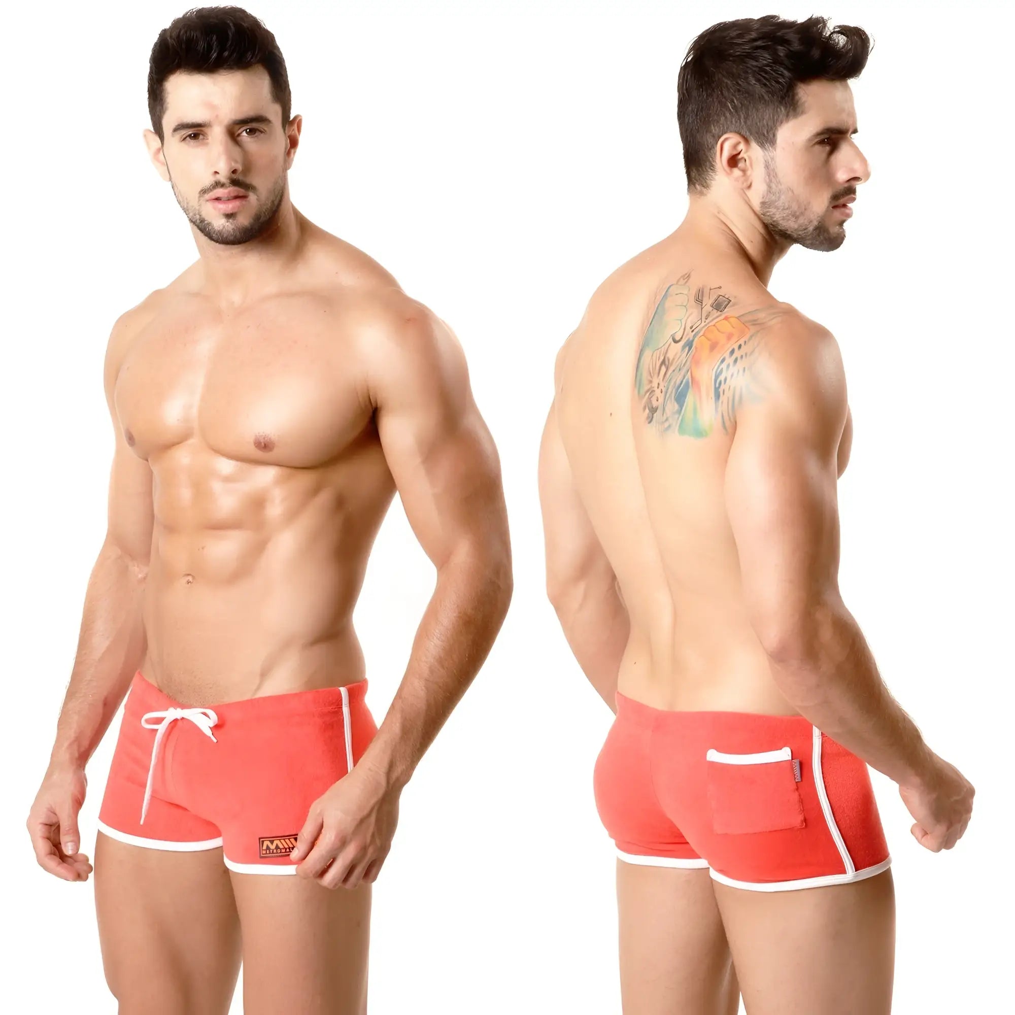 Red athletic swim trunks metroMalewear terry short with white trim and side pocket for active wear