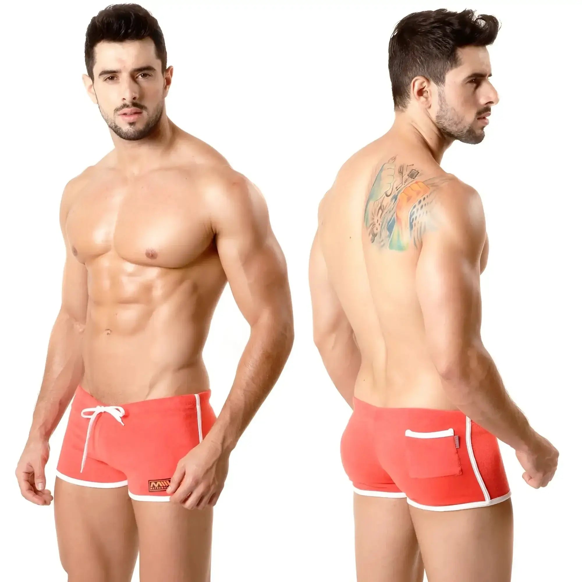 Red athletic swim trunks metroMalewear terry short with white trim and side pocket for active wear