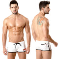MetroMaleWear terry short white swim trunks with black trim drawstring and small red logo on the side