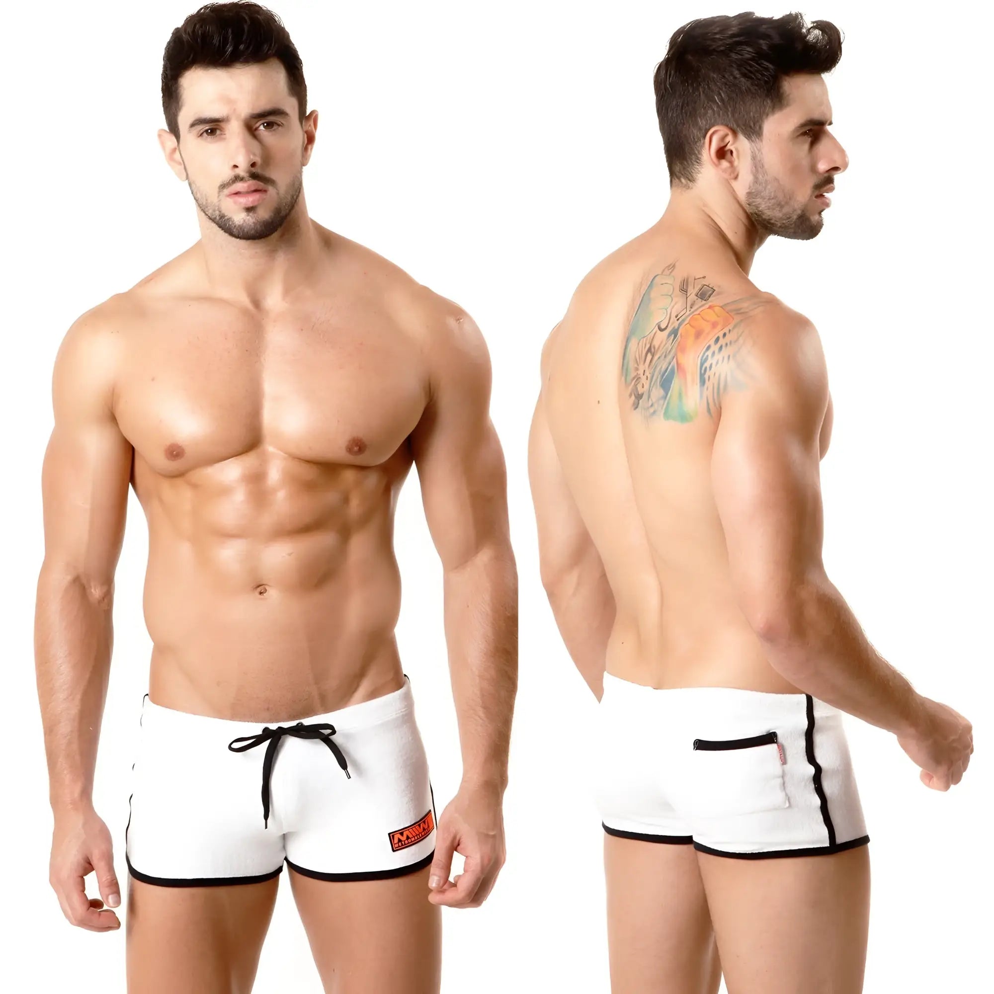MetroMaleWear terry short white swim trunks with black trim drawstring and small red logo on the side