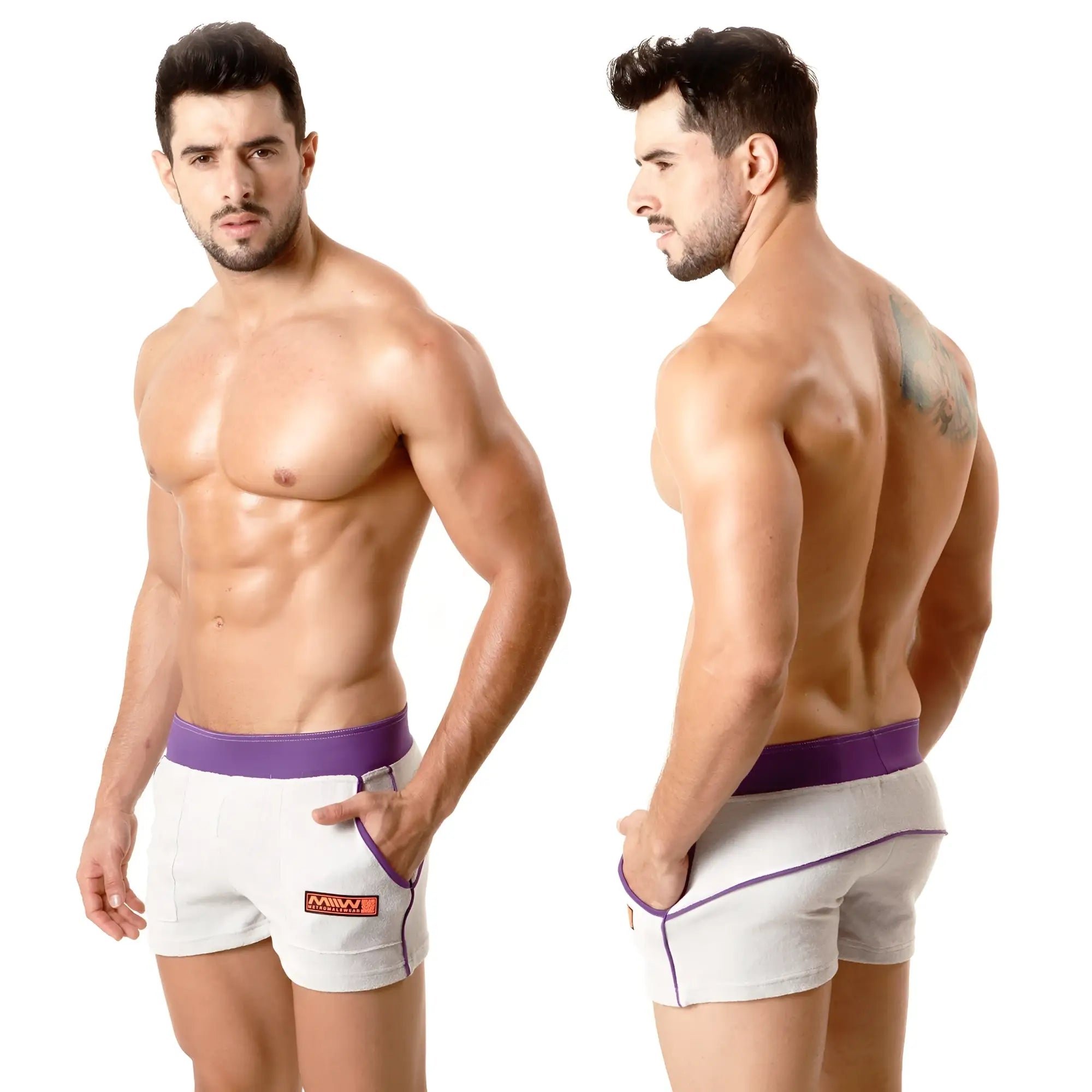 White MetroMaleWear terry sport shorts with purple waistband trim and orange logo on the side