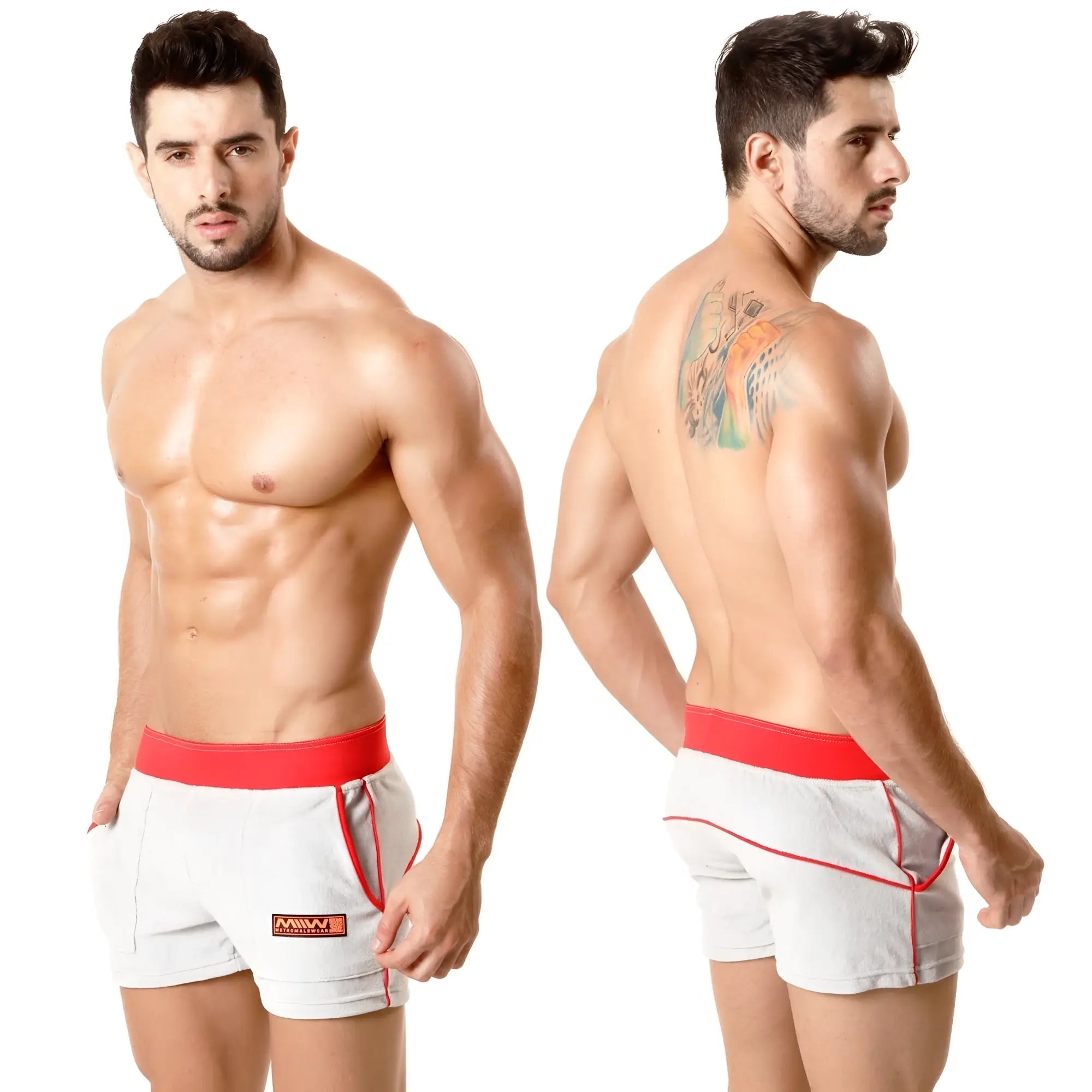 White terry sport shorts metro male wear with red elastic waistband trim and small orange logo on left leg