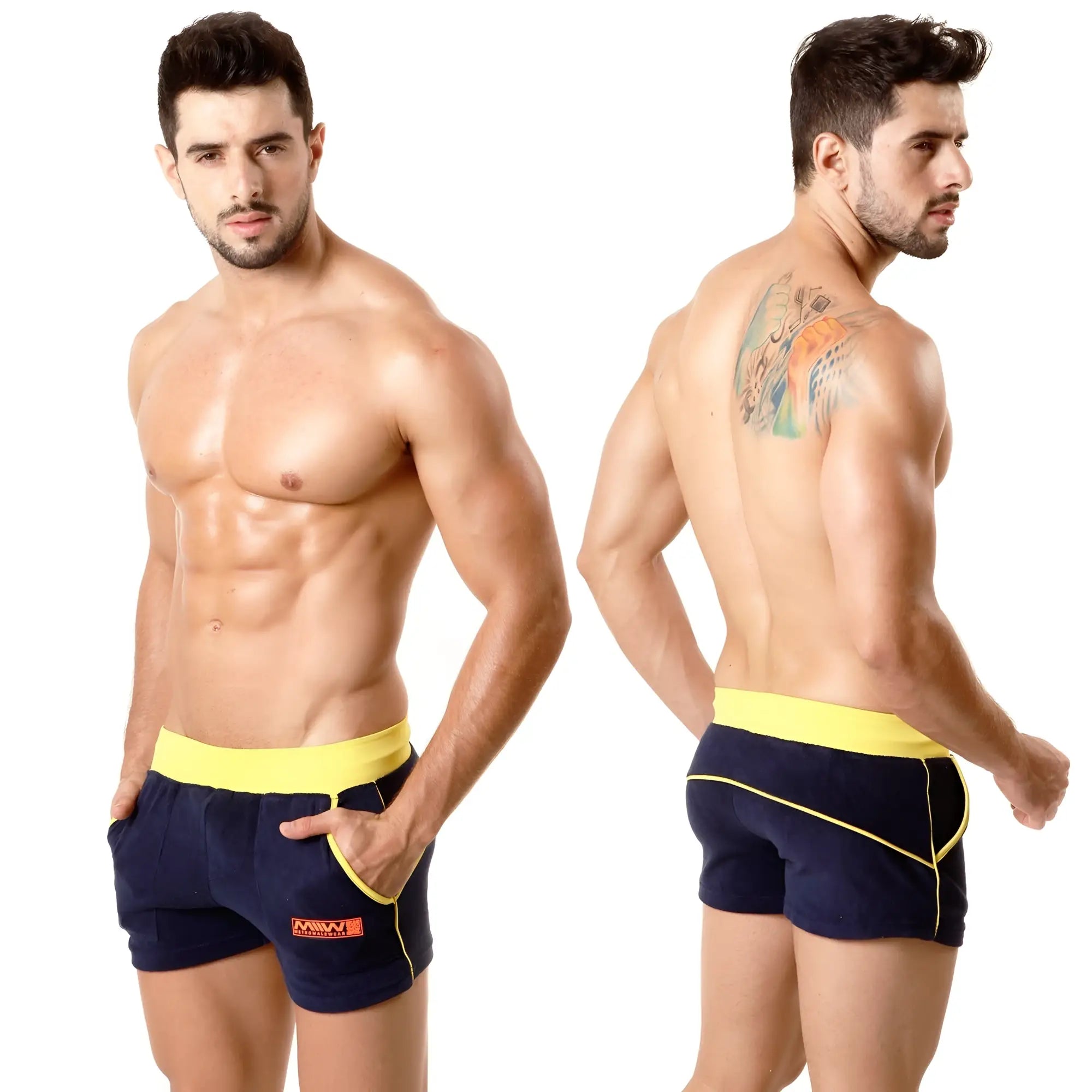 MetroMalewear terry sport short navy yellow athletic shorts with bold contrasting design for active wear
