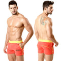 MetroMaleWear terry sport short orange swim trunks with coral color yellow waistband and black logo patch on left leg