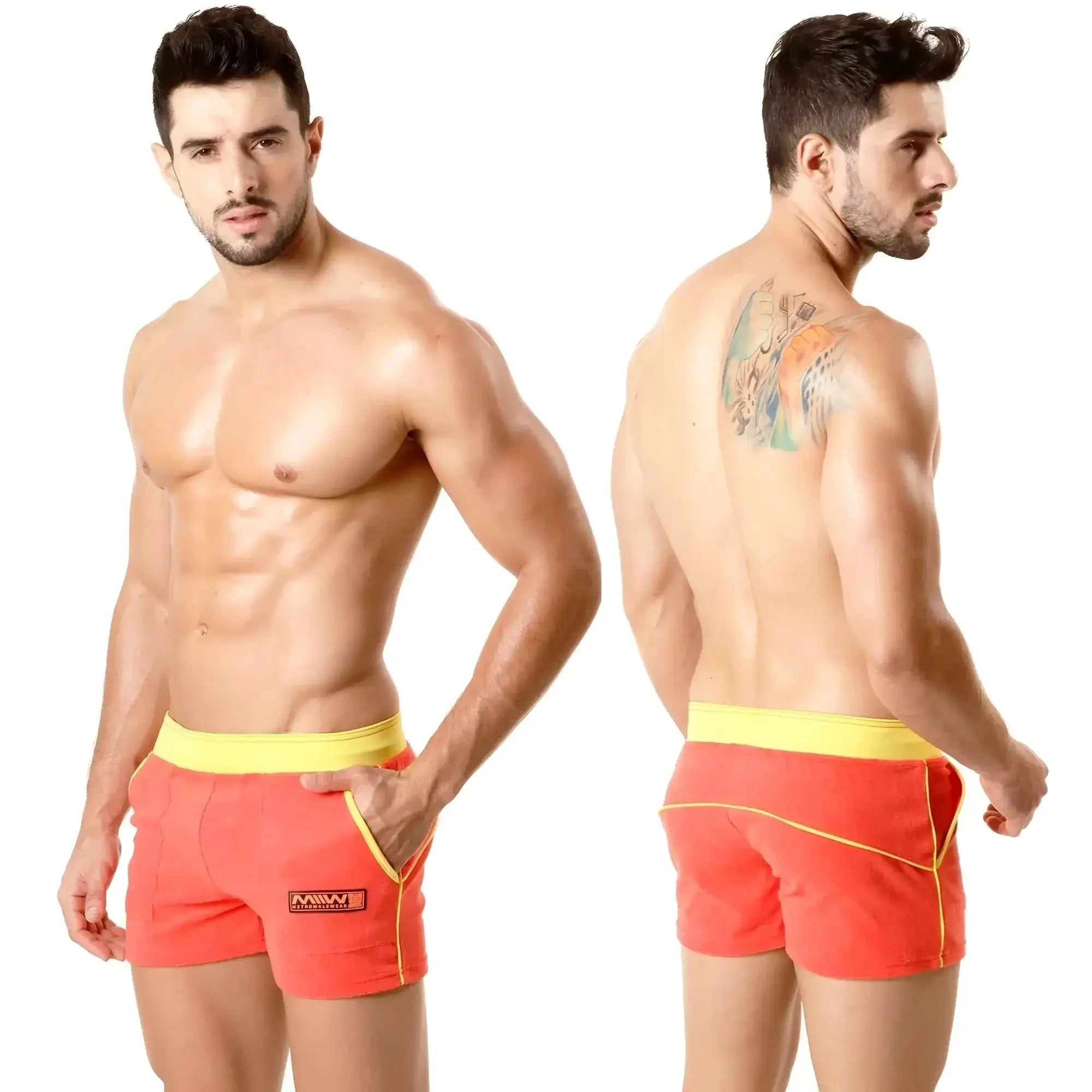 MetroMaleWear terry sport short orange swim trunks with coral color yellow waistband and black logo patch on left leg