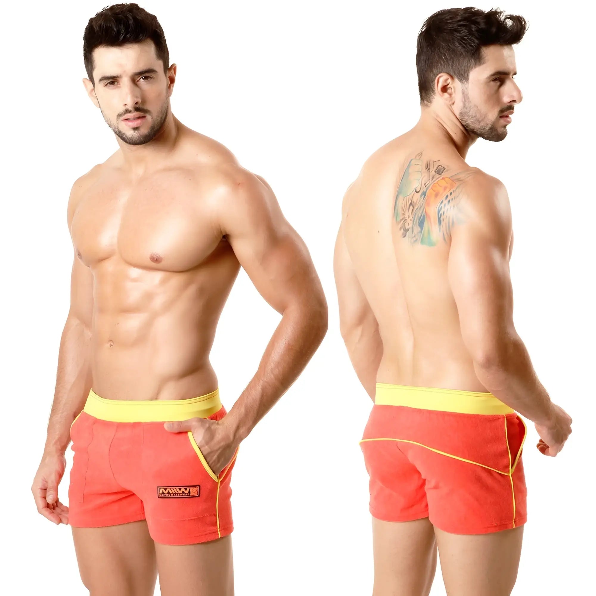 MetroMaleWear terry sport short orange swim trunks with coral color yellow waistband and black logo patch on left leg
