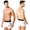White athletic briefs metro male wear terry sport short with black waistband and orange logo on left leg