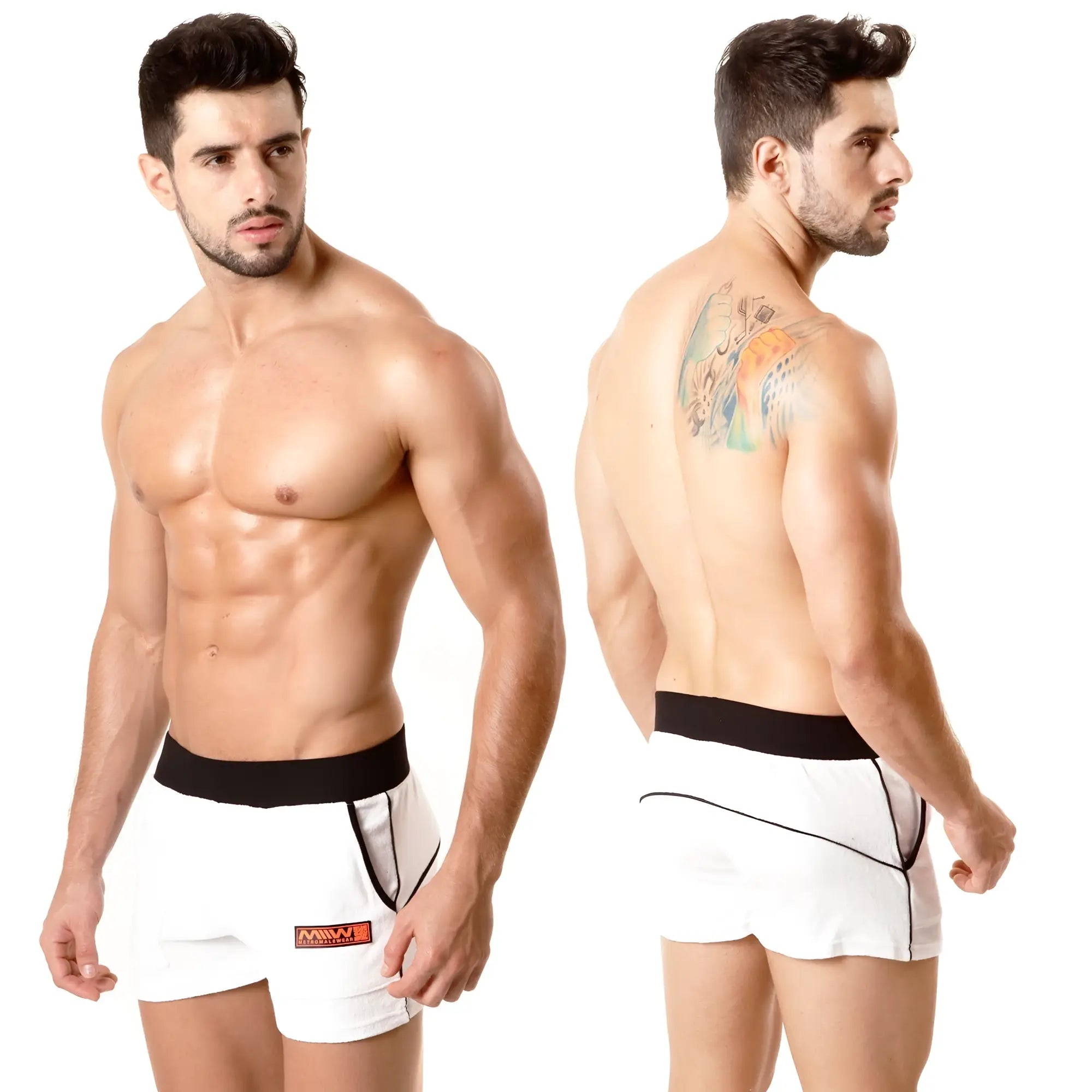 White athletic briefs metro male wear terry sport short with black waistband and orange logo on left leg