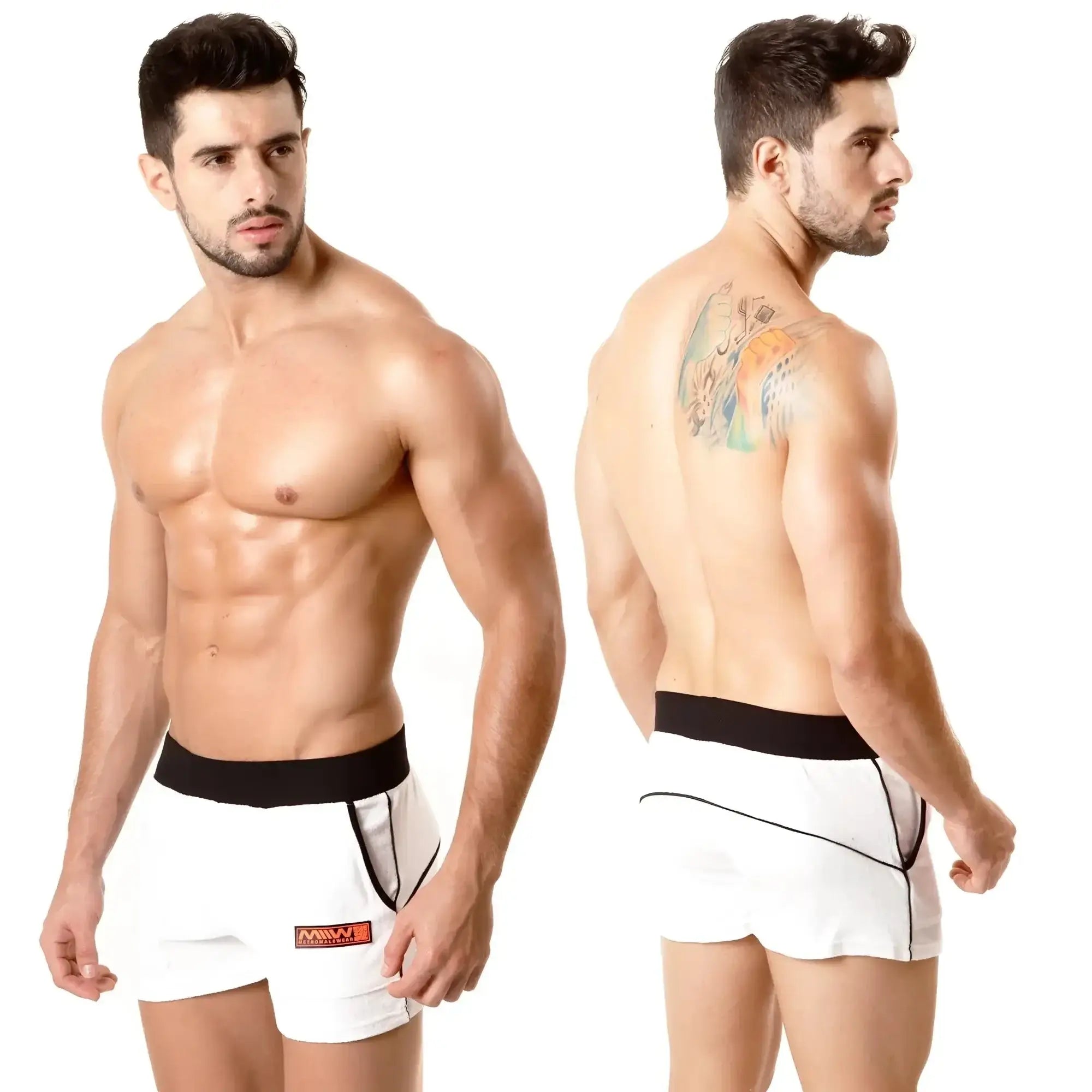 White athletic briefs metro male wear terry sport short with black waistband and orange logo on left leg