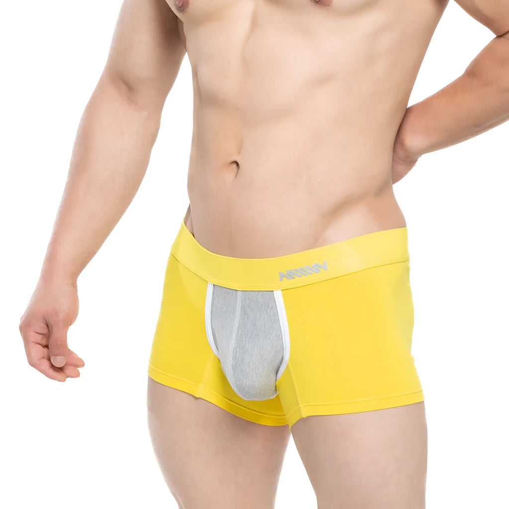 Bright yellow MetroMaleWear Tesoro short boxer 7 inch with gray mesh panel white trim and men logo waistband