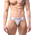 MetroMaleWear thong sheer white 3002-38 white and gray striped men’s thong with bold n logo on waistband
